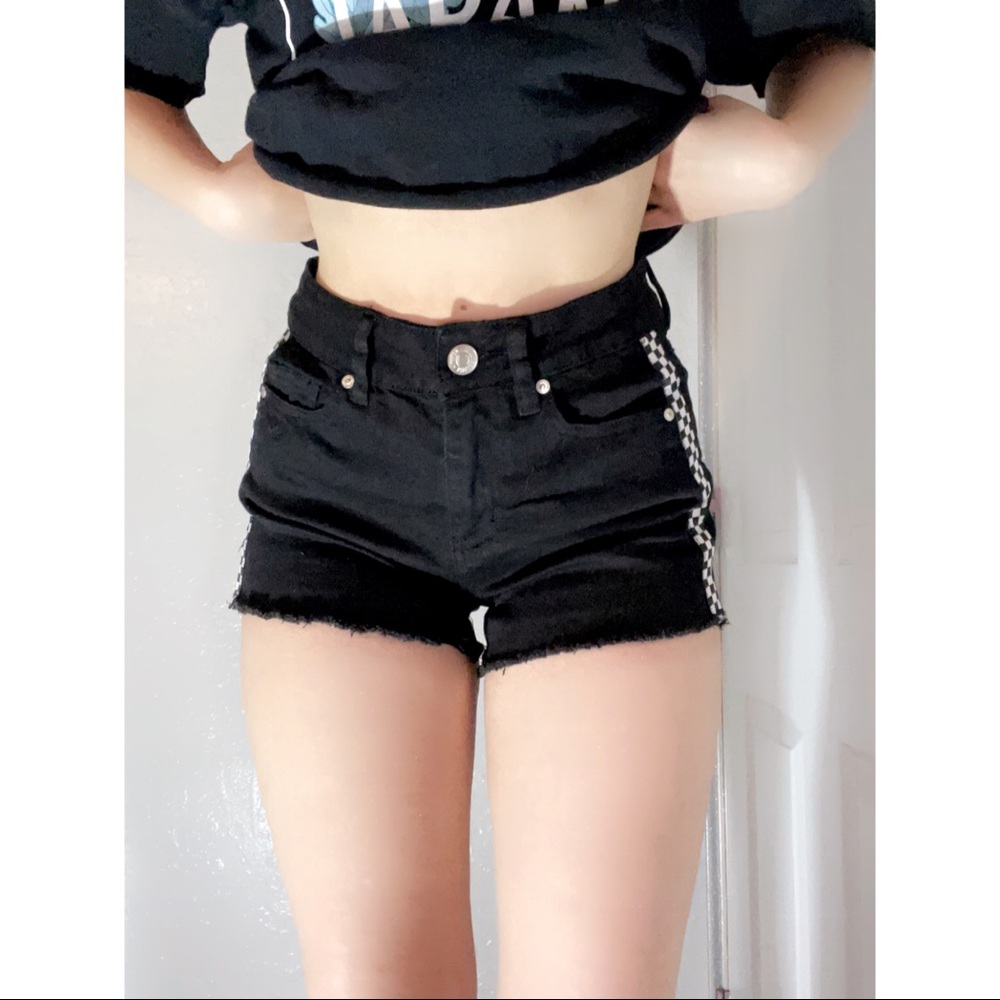 Rue 21 black jean shorts with checkered sides. Size 3 in great condition.